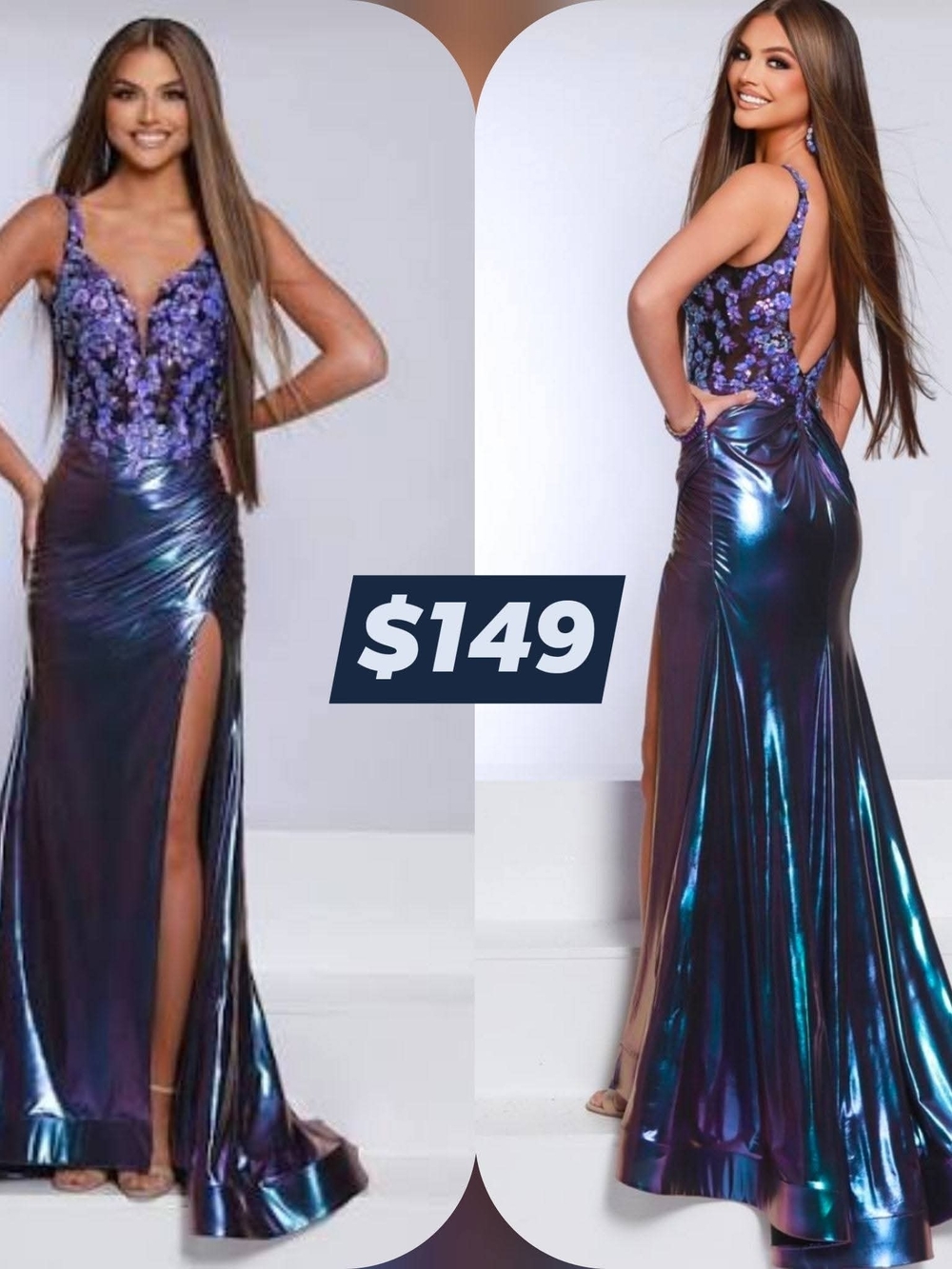 2 Cute Iridescent Blue-Purple Sequin Bodice Prom Gown